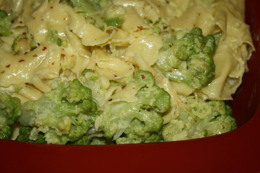 Roman Cauliflower with Caramelized Garlic, Red Pepper & Pecorino over Pasta