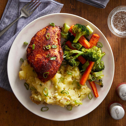 Chile & Orange-Glazed Chicken w/ Veggies & Mashed Potatoes