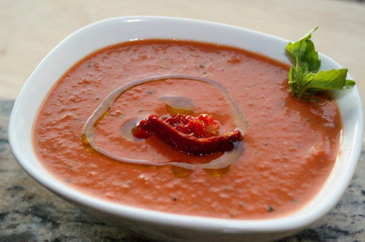 Cream of Roasted Pepper & Tomato Soup With Tuscan Herb Olive Oil